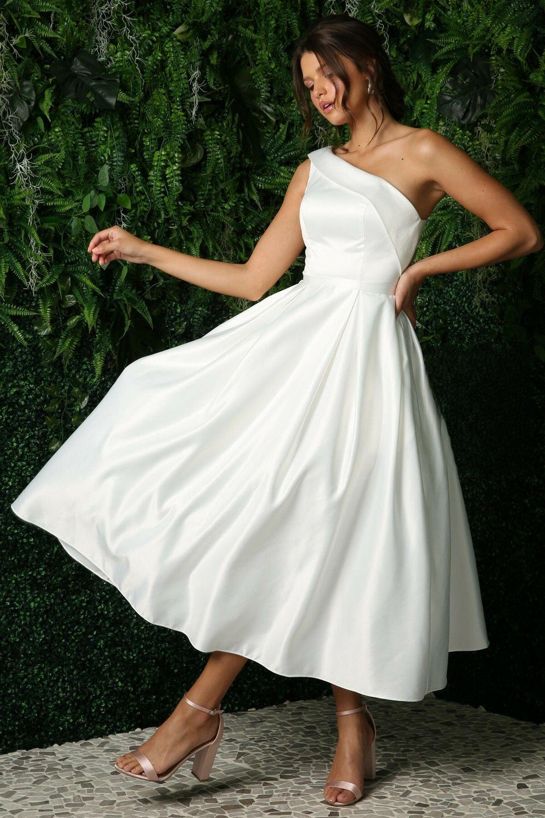 Open Back Strap Satin One Shoulder Midi Wedding Dress NXJE931W-0