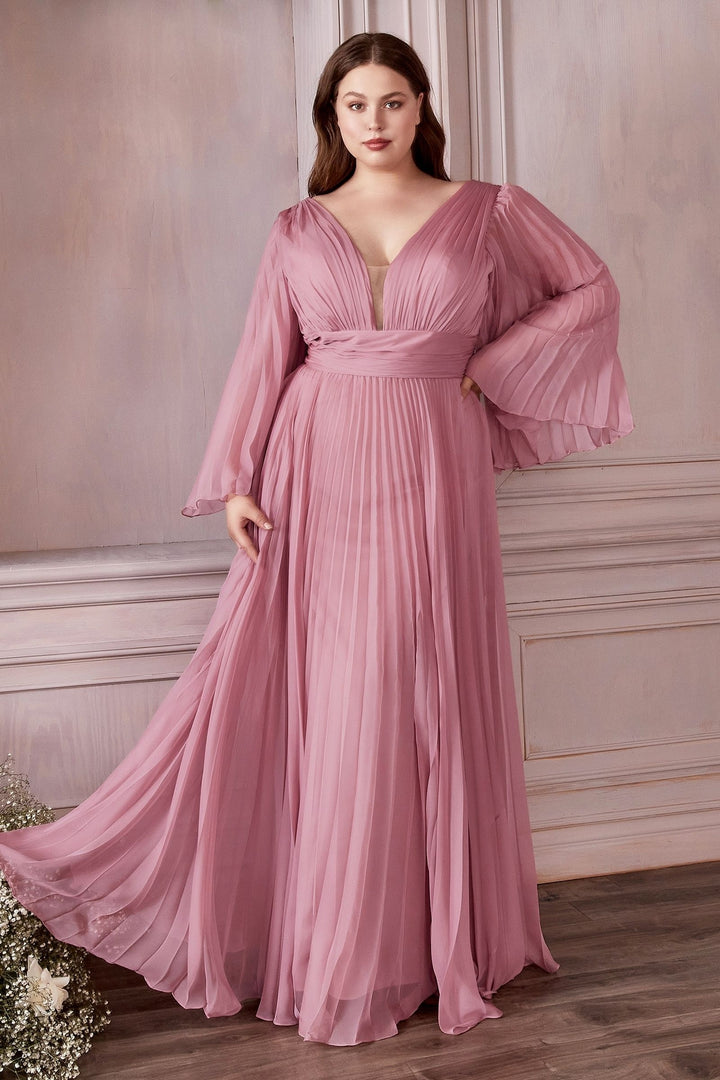 Long Sleeve Illusion V-neck Plus Size Chiffon Pleated A-line Long Prom Dress CDCD242C-2