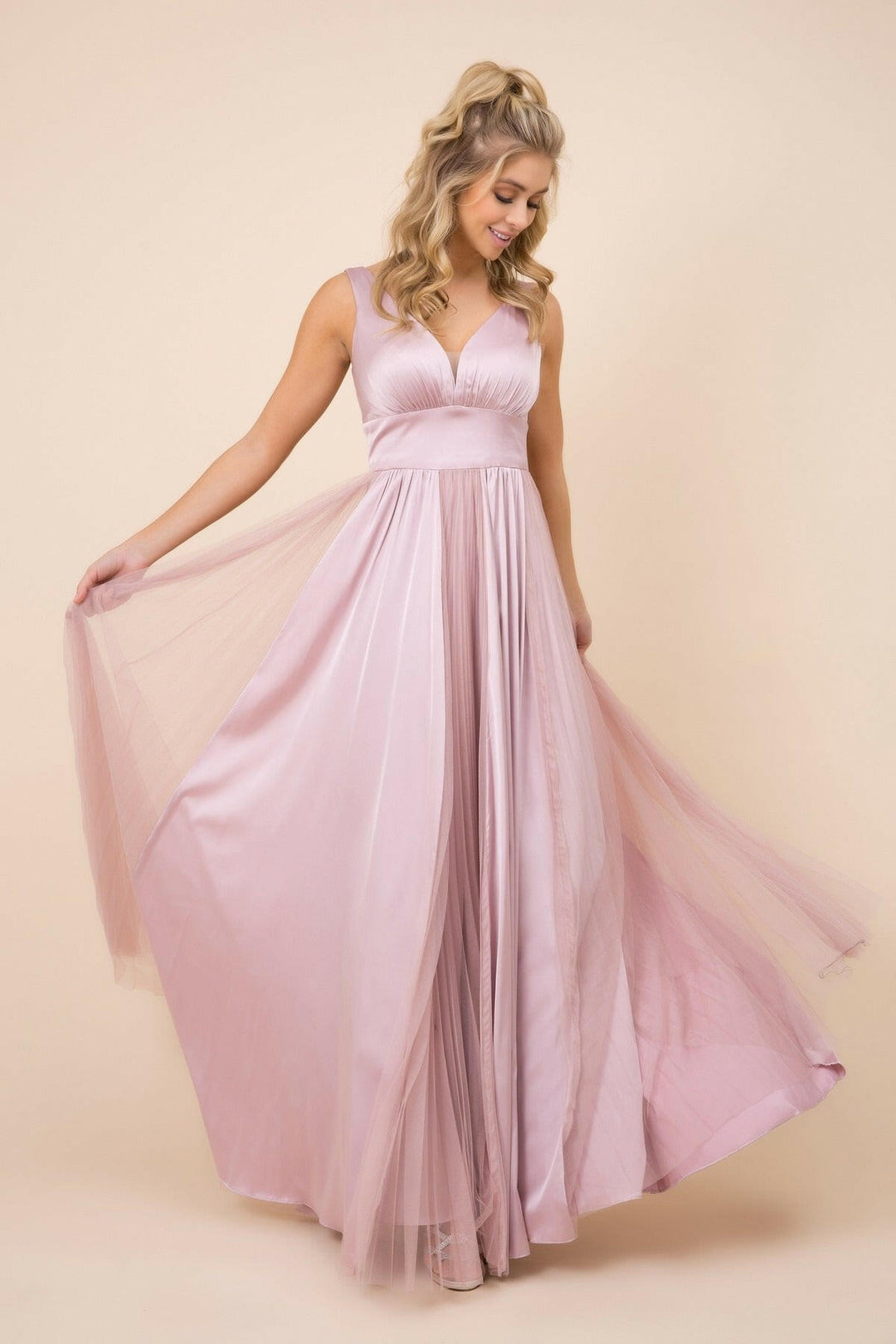 Sleeveless Pleated Open V-Back Long Bridesmaid Dress NXL340-0