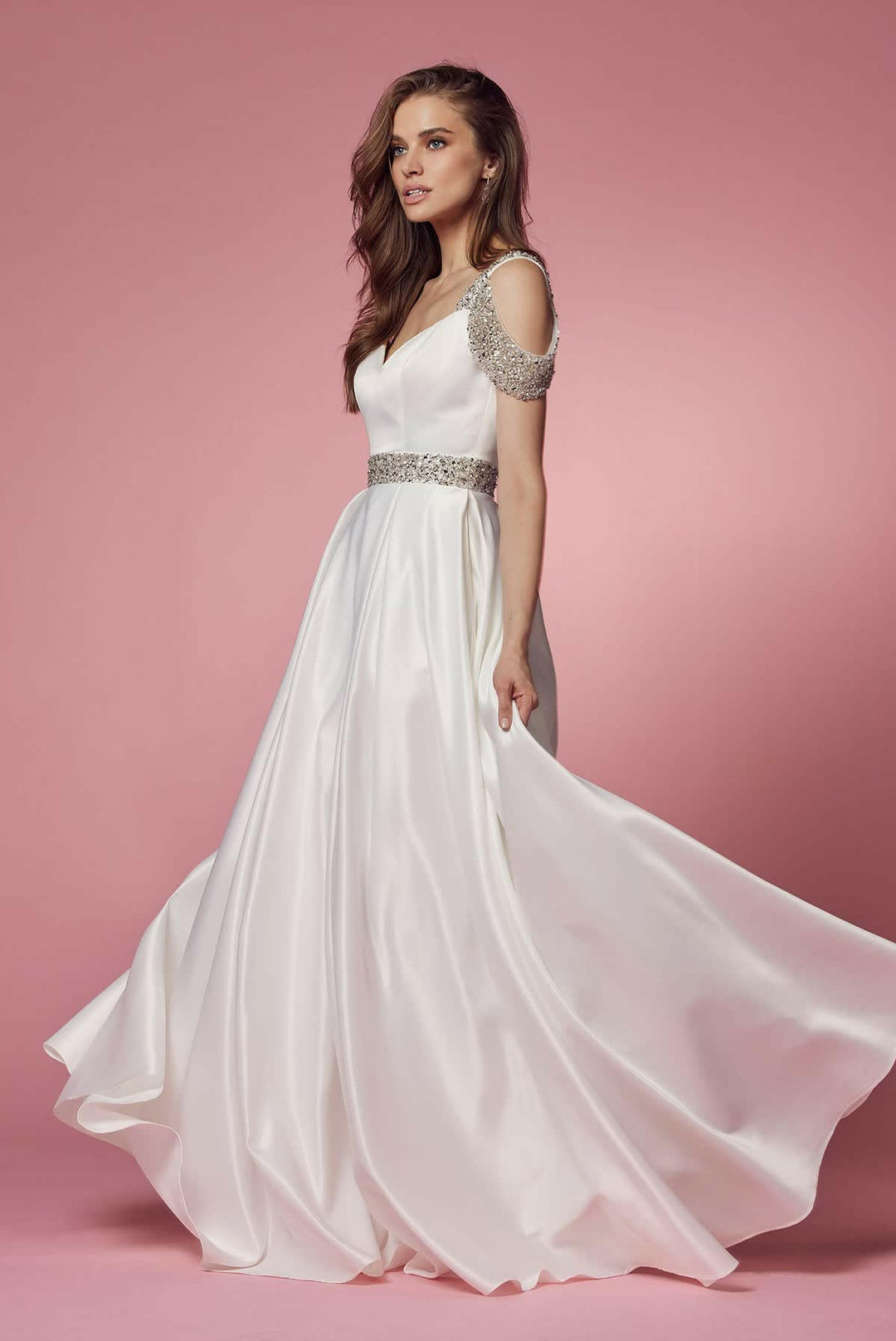 Off Shoulder Embellished Jewel With Pockets Long Wedding Dress NXR224W-0