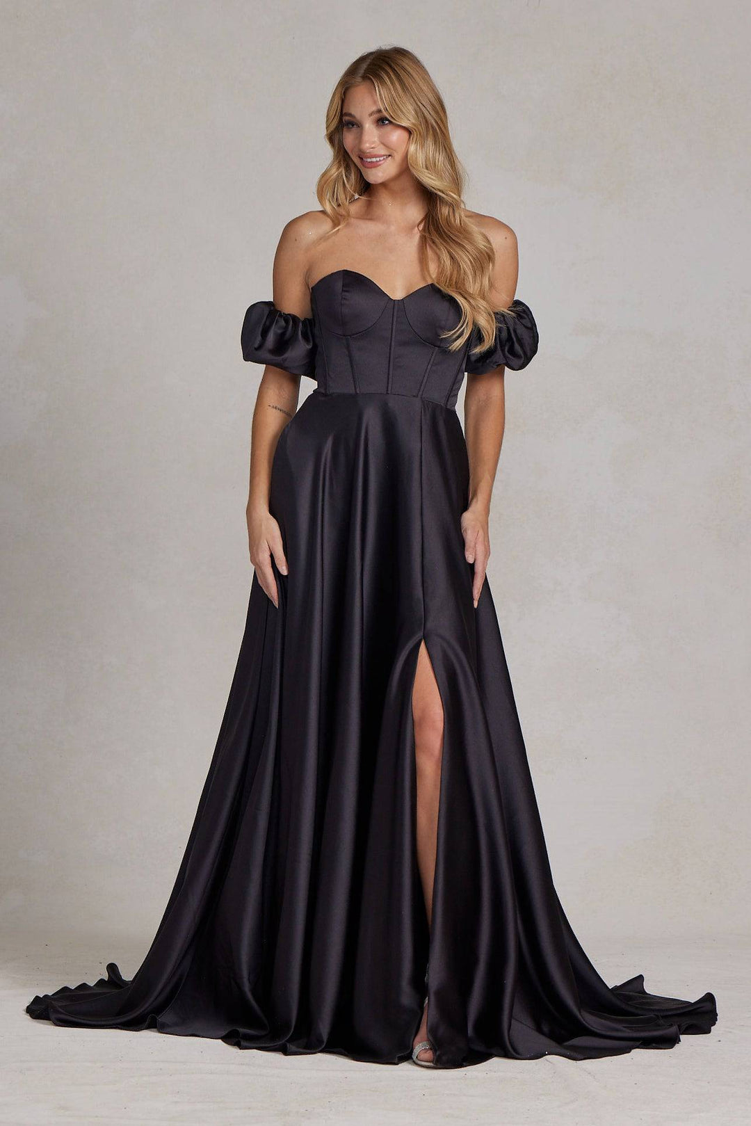 Off Shoulder Sweetheart Satin Side Slit Long Prom Dress NXK1122