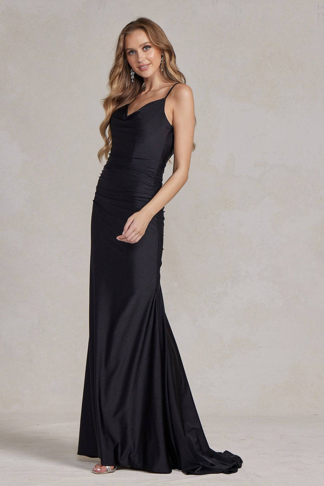 Cowl Neck Low Back Mermaid Open V-Back Long Evening Dress NXK490