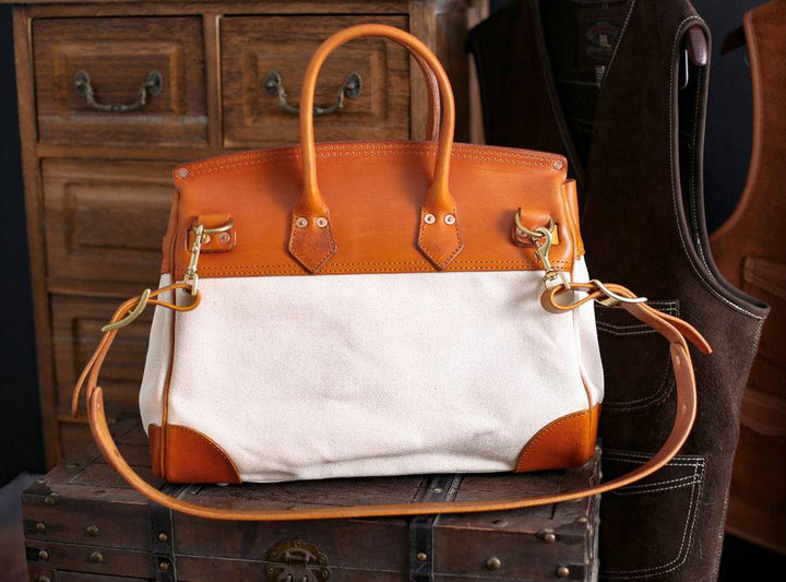 Womens Genuine Vintage Oil Wax Leather Top Handle Canvas Bag Large-1