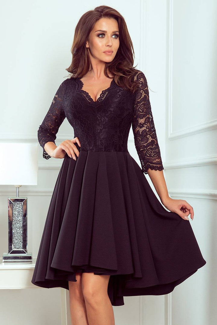 Numoco 210-10 NICOLLE - dress with longer back with lace neckline - Black