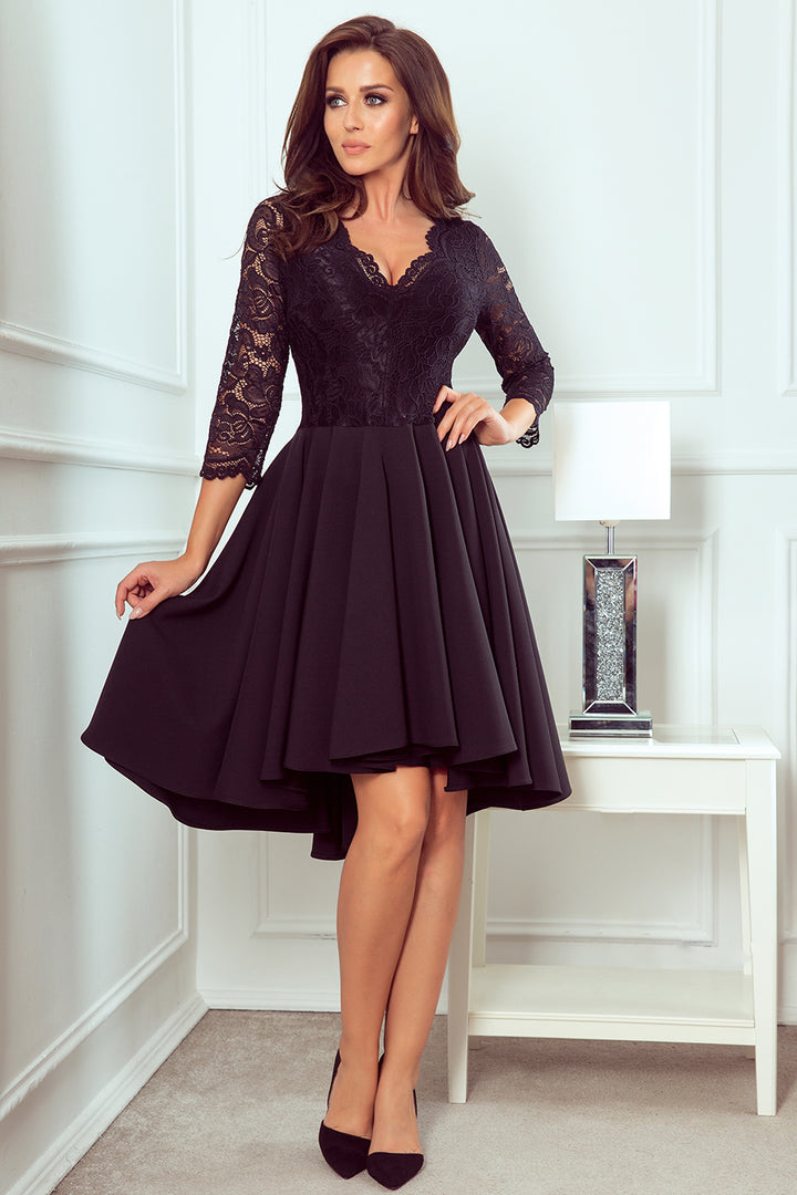 Numoco 210-10 NICOLLE - dress with longer back with lace neckline - Black-2