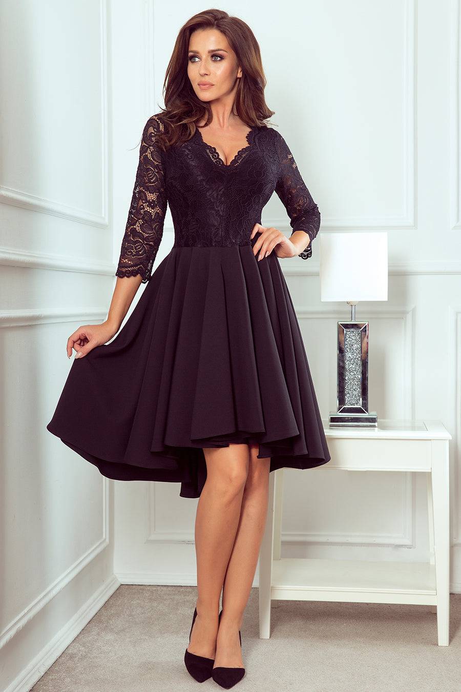 Numoco 210-10 NICOLLE - dress with longer back with lace neckline - Black