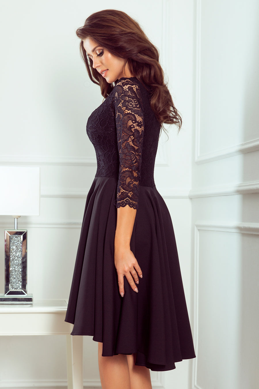 Numoco 210-10 NICOLLE - dress with longer back with lace neckline - Black-3