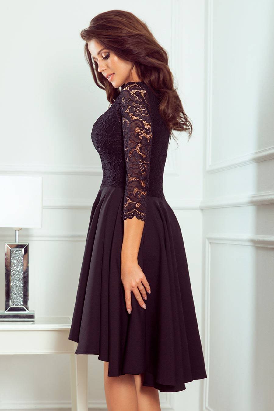 Numoco 210-10 NICOLLE - dress with longer back with lace neckline - Black