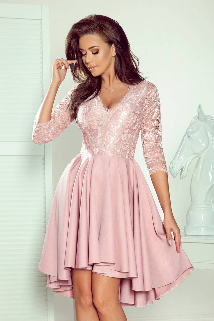 Numoco 210-11 NICOLLE - dress with longer back with lace neckline - powder pink-Shangri-La Fashion