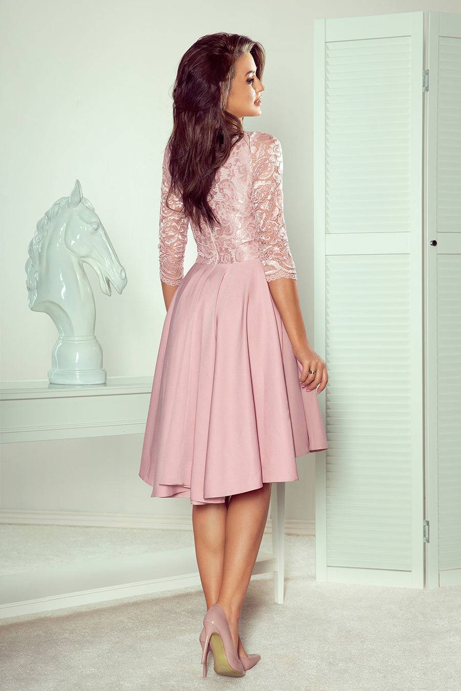 Numoco 210-11 NICOLLE - dress with longer back with lace neckline - powder pink-Shangri-La Fashion