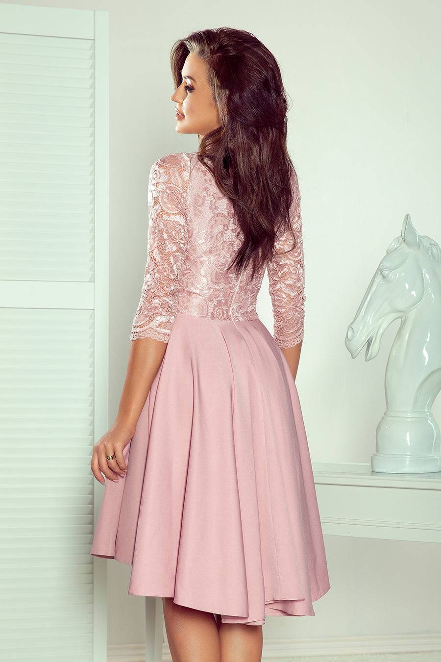 Numoco 210-11 NICOLLE - dress with longer back with lace neckline - powder pink-Shangri-La Fashion