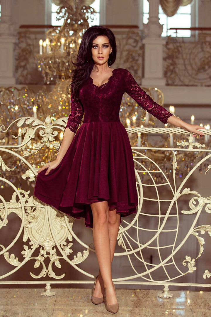 Numoco 210-13 NICOLLE - dress with longer back with lace neckline - plum-Shangri-La Fashion