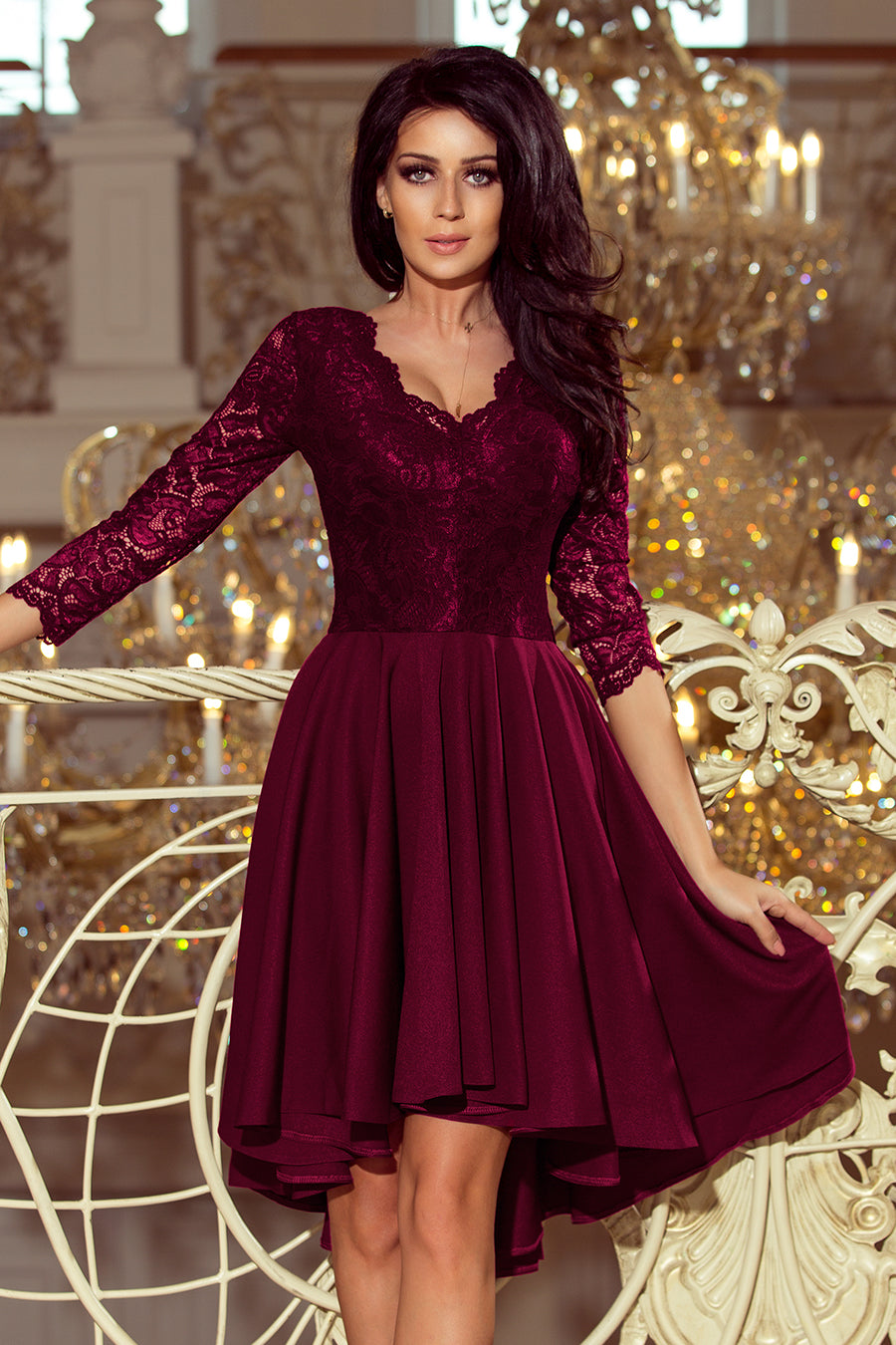 Numoco 210-13 NICOLLE - dress with longer back with lace neckline - plum-0