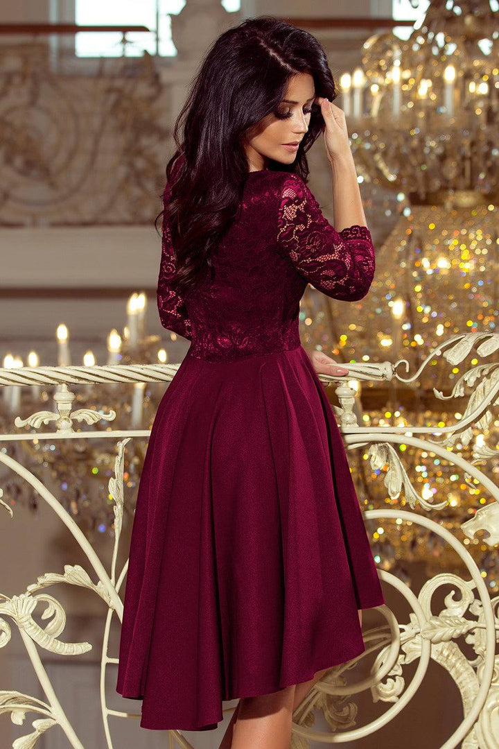 Numoco 210-13 NICOLLE - dress with longer back with lace neckline - plum-Shangri-La Fashion