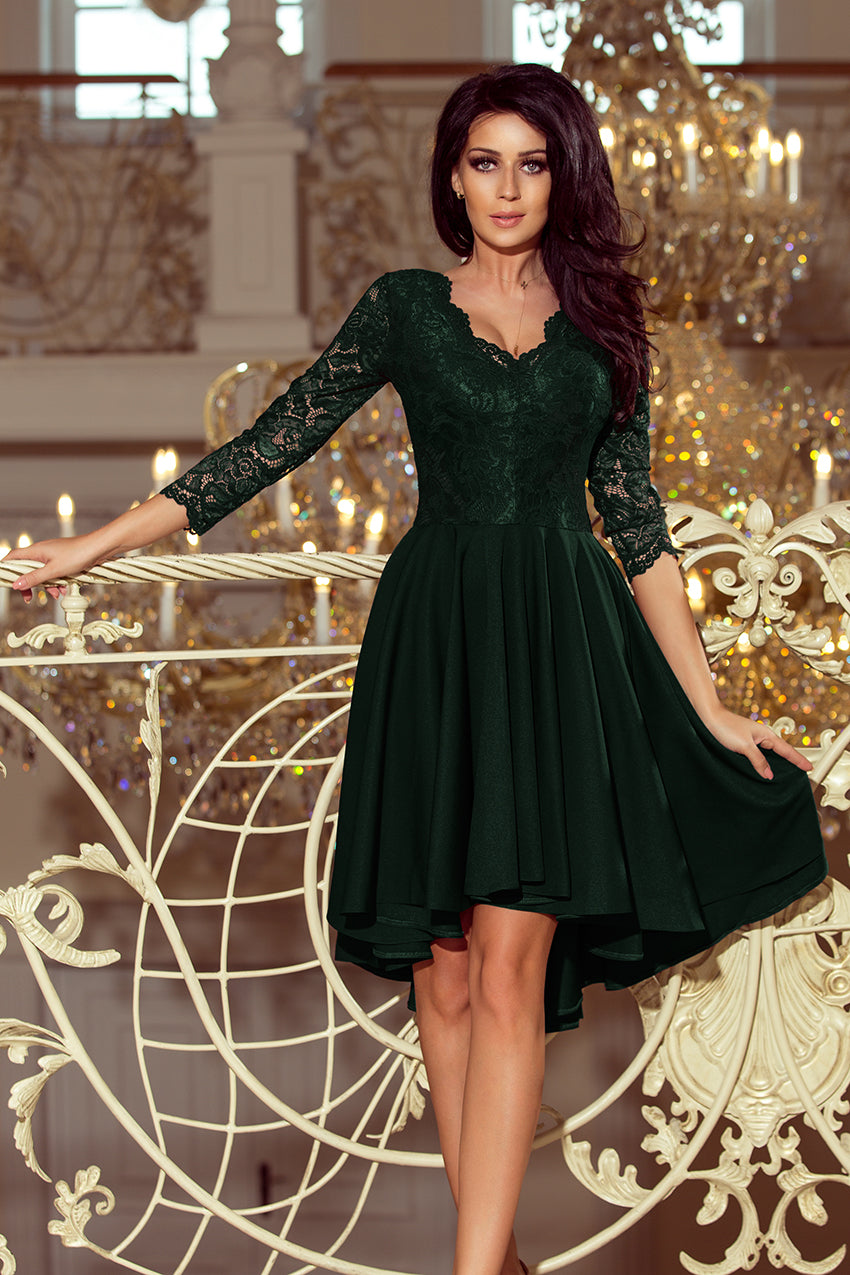 Numoco 210-3 NICOLLE - dress with longer back with lace neckline - dark green-0