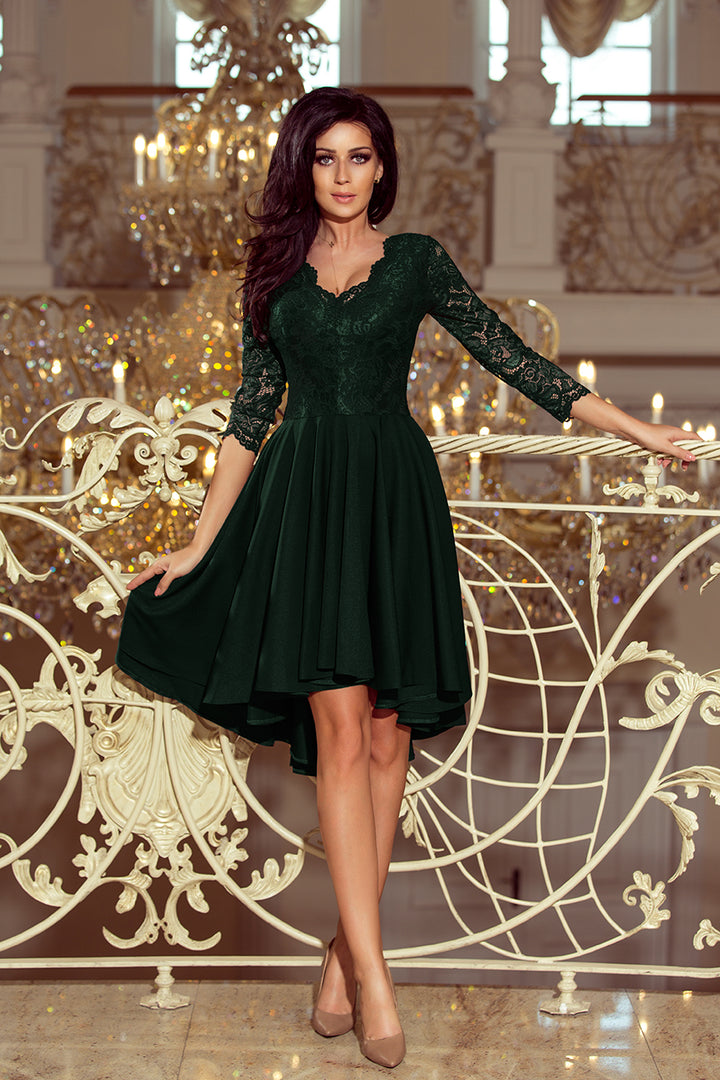 Numoco 210-3 NICOLLE - dress with longer back with lace neckline - dark green-2