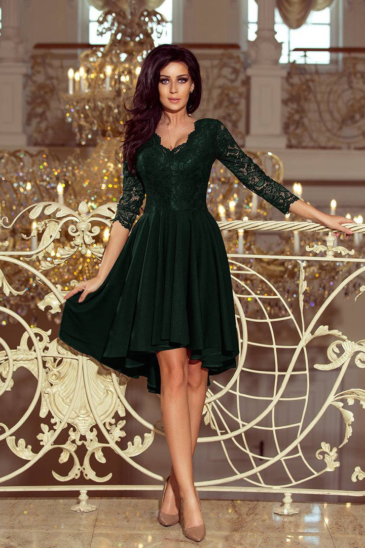 Numoco 210-3 NICOLLE - dress with longer back with lace neckline - dark green-Shangri-La Fashion