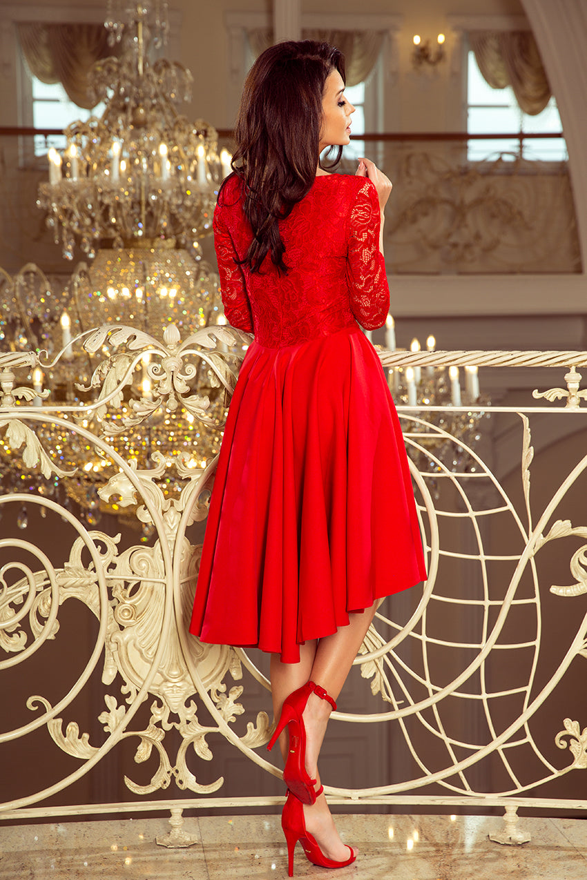 Numoco 210-6 NICOLLE - dress with longer back with lace neckline - Red-1