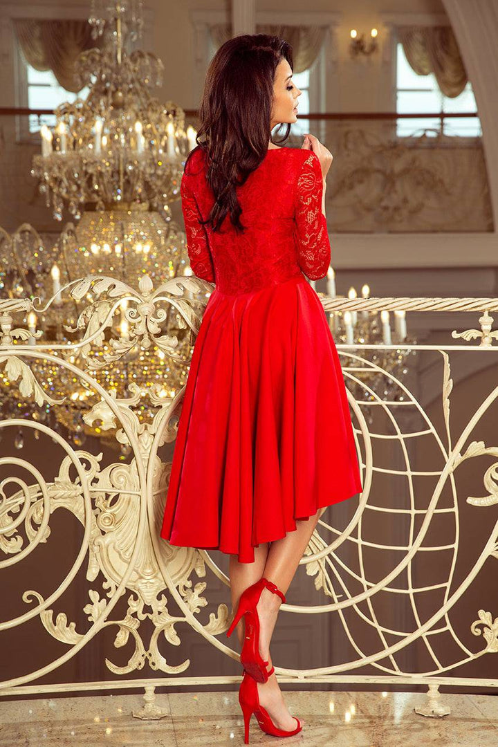 Numoco 210-6 NICOLLE - dress with longer back with lace neckline - Red-Shangri-La Fashion