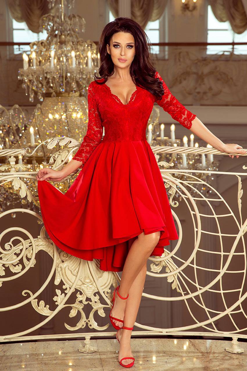 Numoco 210-6 NICOLLE - dress with longer back with lace neckline - Red-Shangri-La Fashion