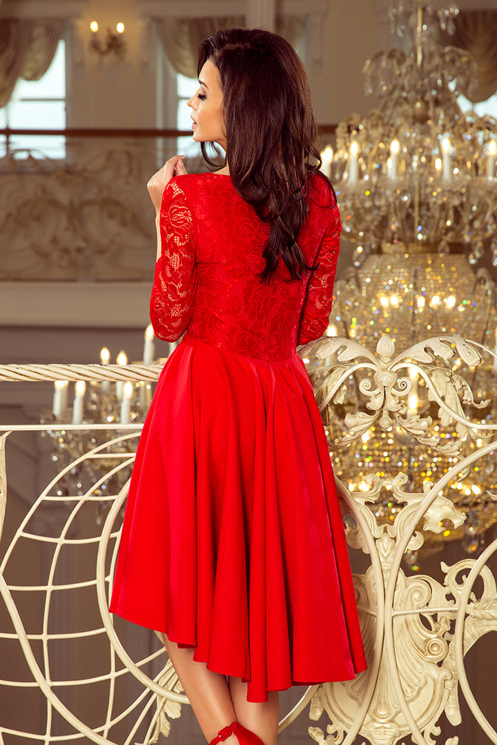 Numoco 210-6 NICOLLE - dress with longer back with lace neckline - Red-3