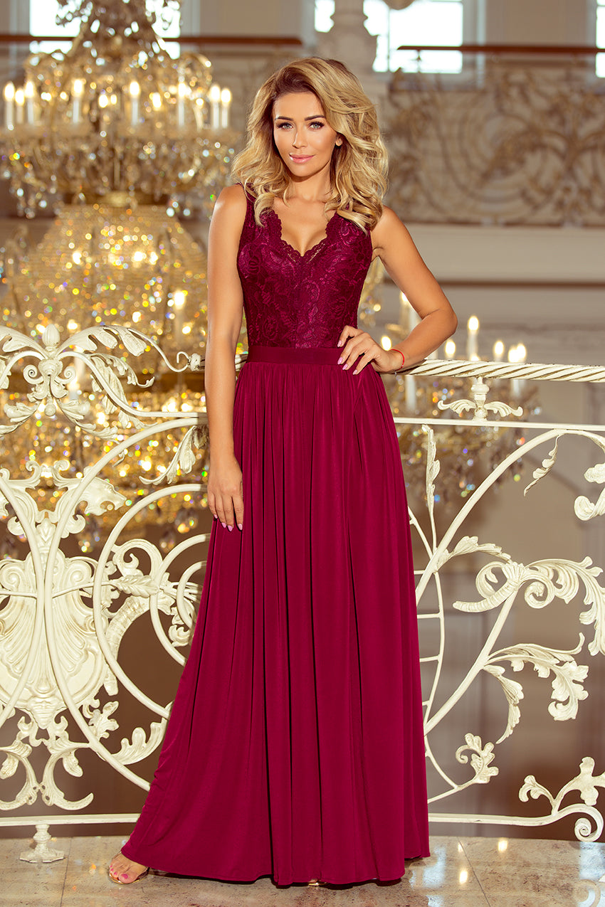 Numoco 211-2 LEA long dress with lace neckline - Burgundy color-0