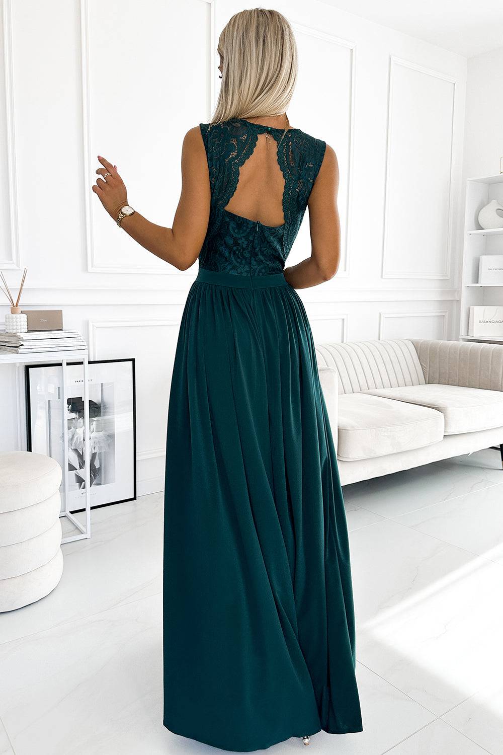 Numoco 211-6 LEA long dress with lace neckline - green-Shangri-La Fashion