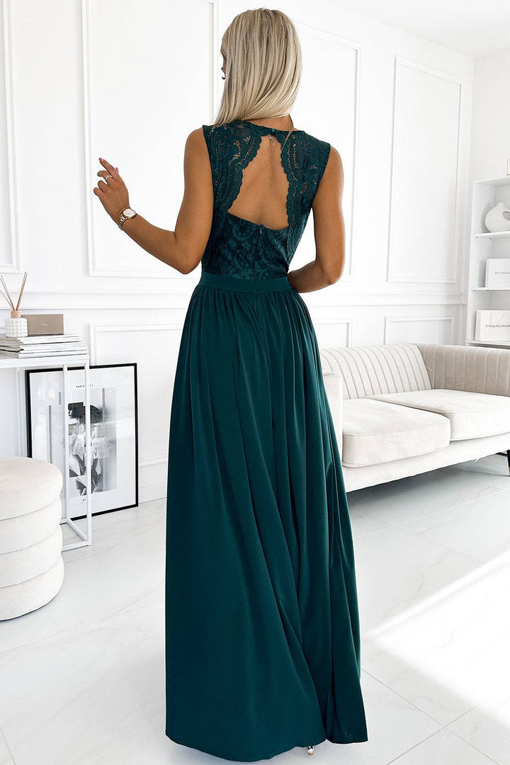 Numoco 211-6 LEA long dress with lace neckline - green-Shangri-La Fashion