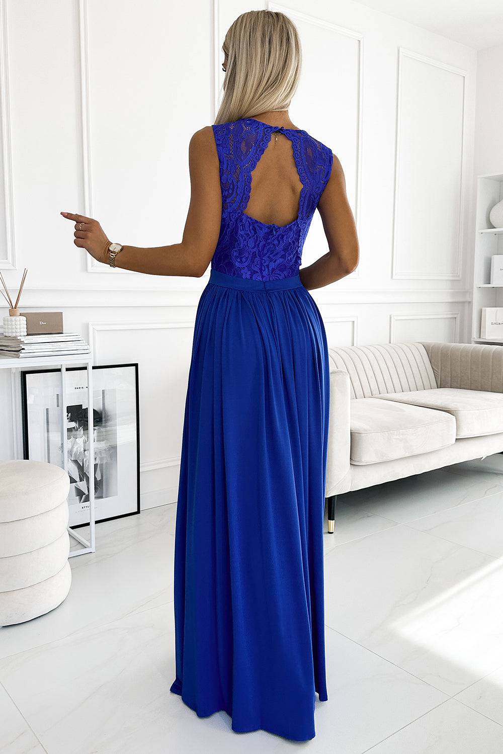 Numoco 211-7 LEA long dress with lace neckline - royal blue-Shangri-La Fashion