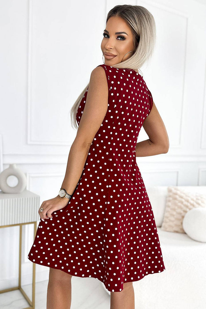 Numoco 241-3 STELLA cotton dress with a diamond neckline - burgundy with polka dots-Shangri-La Fashion