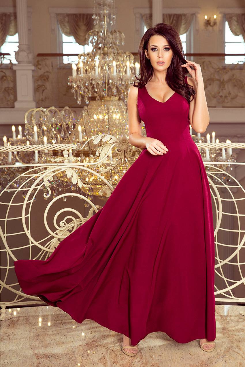 Numoco 246-1 CINDY long dress with a neckline - burgundy-Shangri-La Fashion