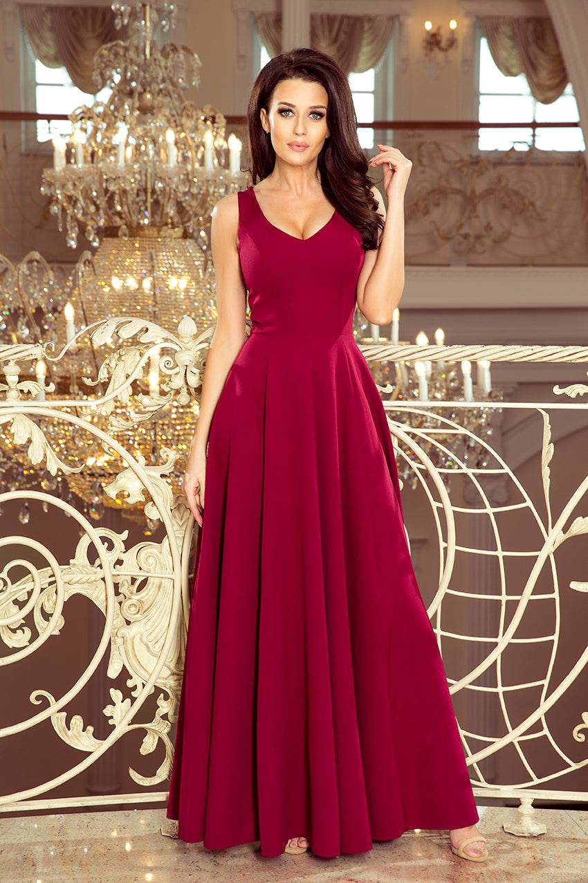 Numoco 246-1 CINDY long dress with a neckline - burgundy-Shangri-La Fashion