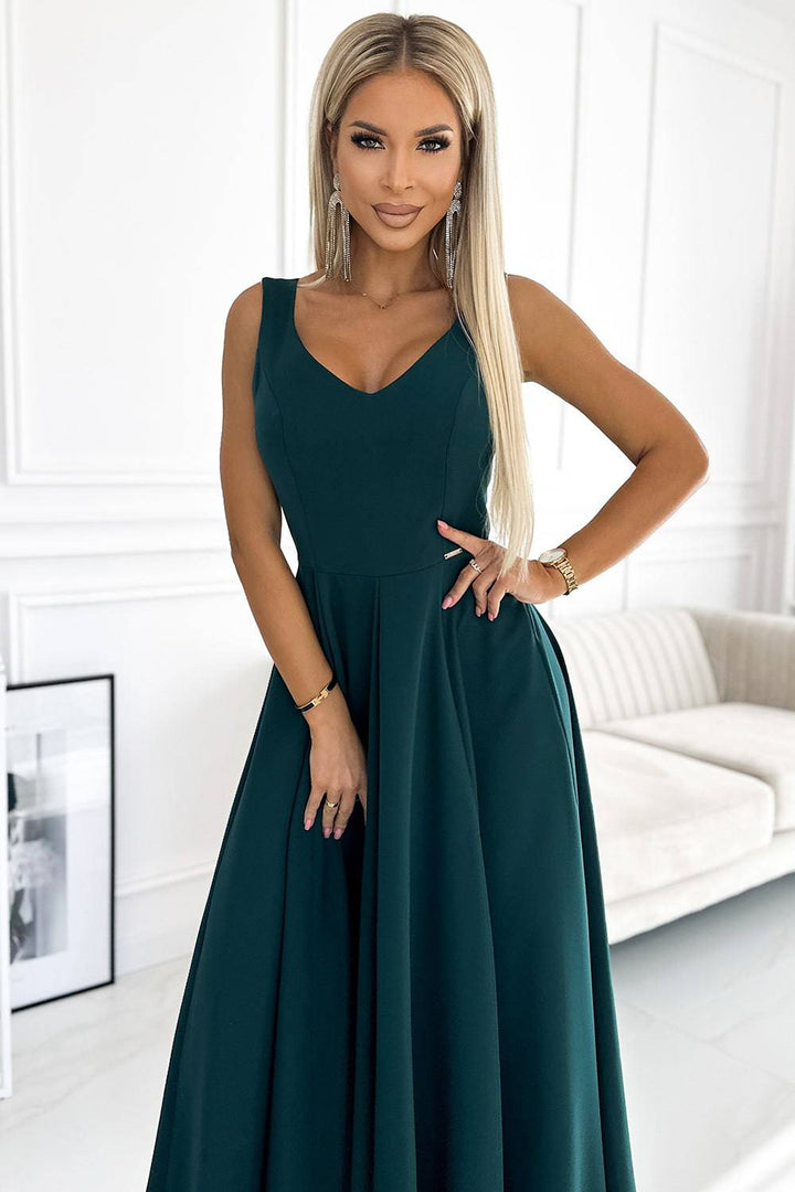 Numoco 246-5 CINDY long elegant dress with a neckline - green-Shangri-La Fashion