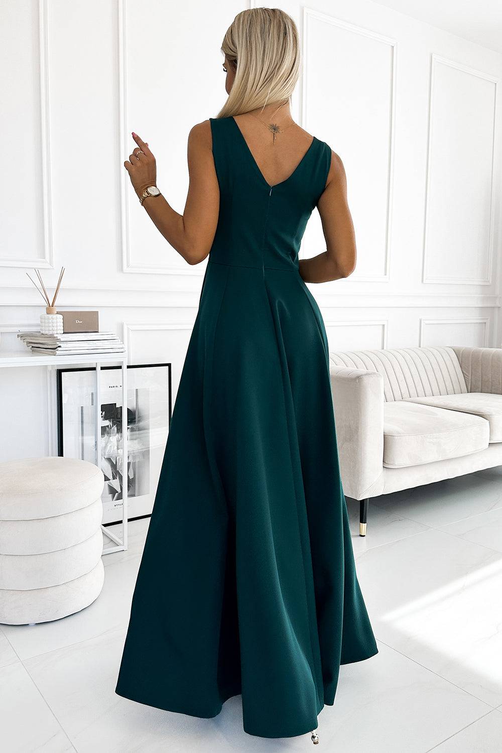 Numoco 246-5 CINDY long elegant dress with a neckline - green-Shangri-La Fashion