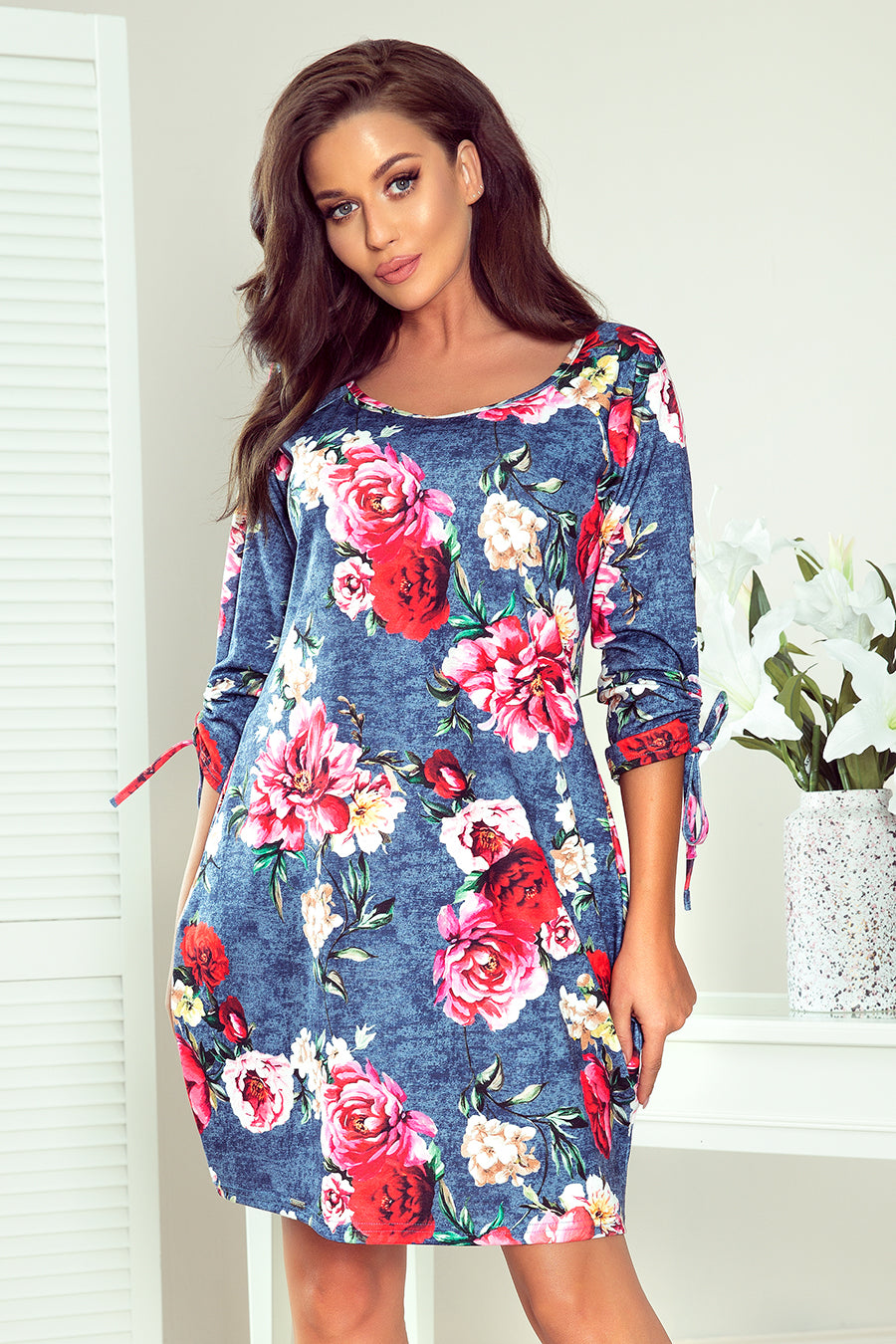 Numoco 281-2 SOPHIE Comfortable Oversize dress - flowers on jeans-0