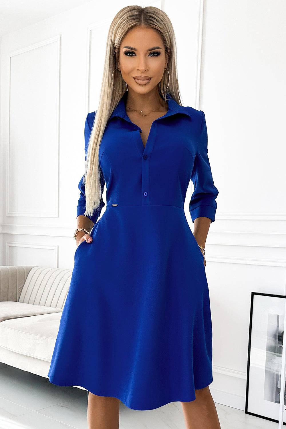 Numoco 286-6 SANDY Flared shirt dress with a belt - blue