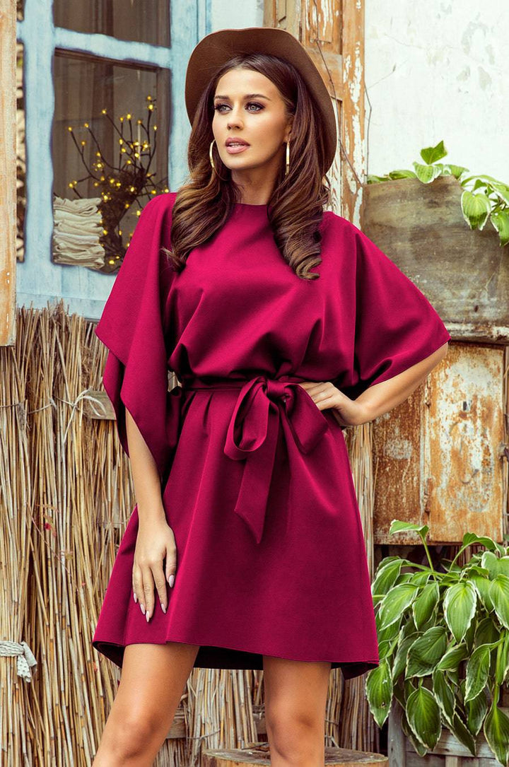 Numoco 287-18 SOFIA Butterfly dress with a binding at the waist - Burgundy color-Shangri-La Fashion