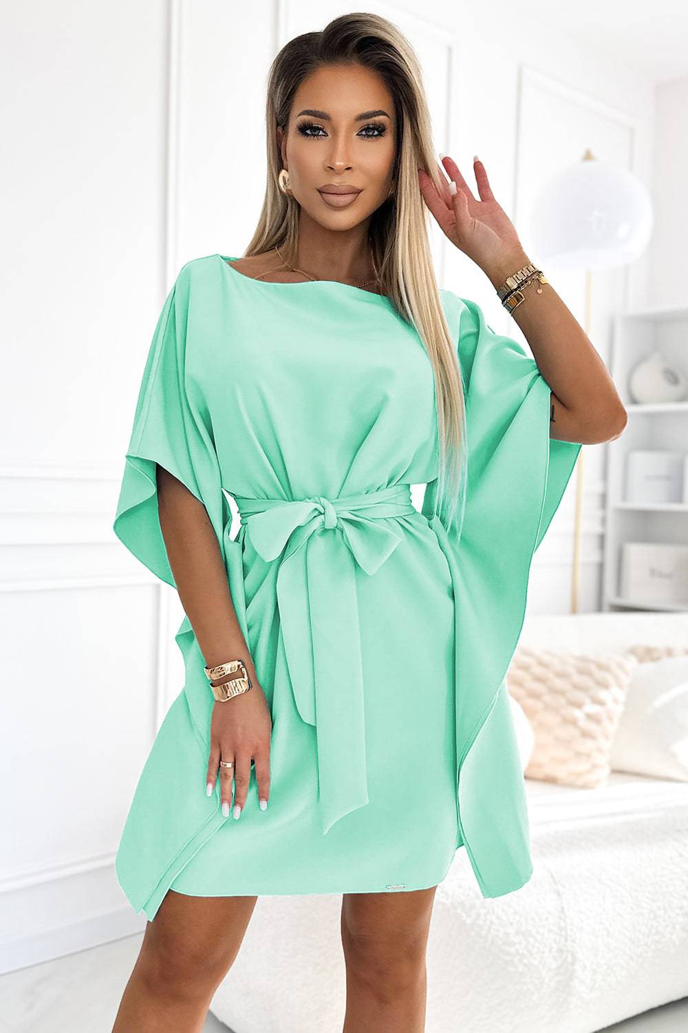 Numoco 287-31 SOFIA Women's butterfly dress with a tie at the waist - mint-Shangri-La Fashion