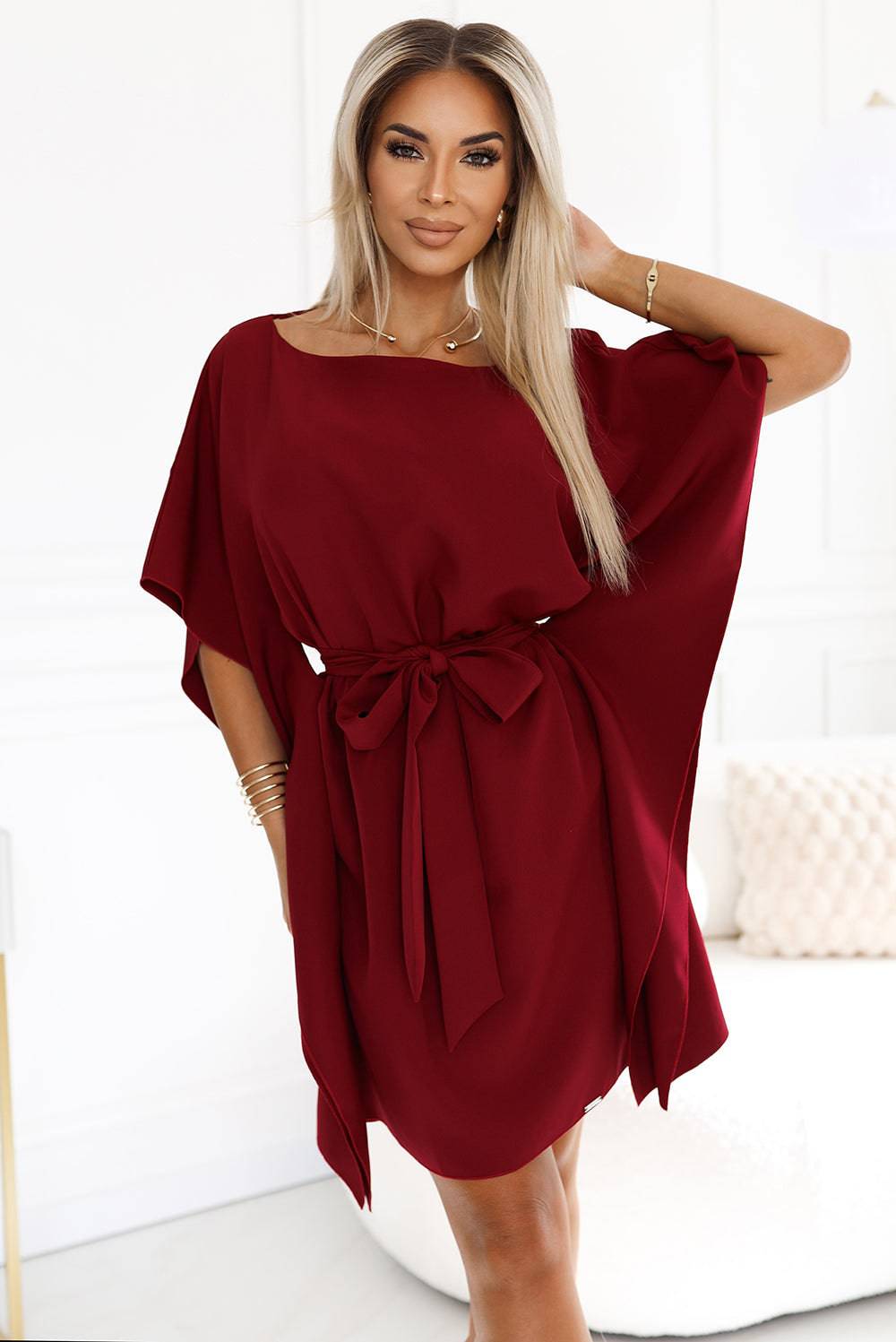 Numoco 287-34 SOFIA Butterfly dress with a binding at the waist - Burgundy color-Shangri-La Fashion