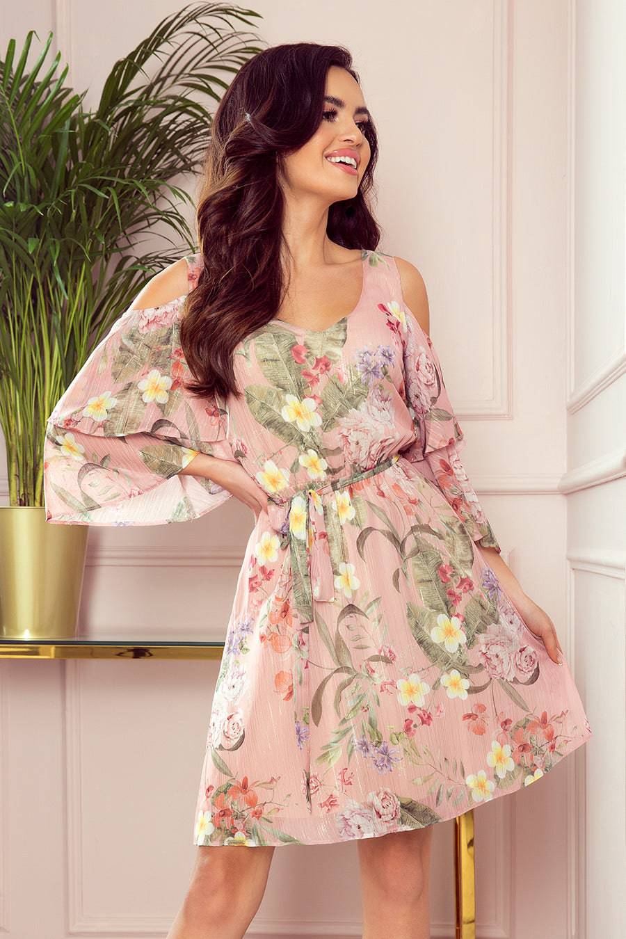 Numoco 292-1 MARINA flimsy dress with a neckline - pink with flowers-Shangri-La Fashion