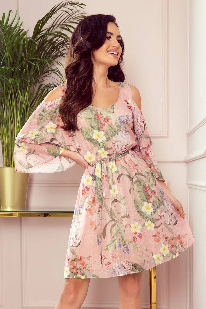 Numoco 292-1 MARINA flimsy dress with a neckline - pink with flowers