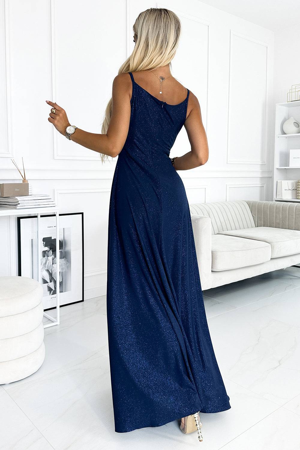 Numoco 299-10 CHIARA elegant maxi dress with straps - dark blue with glitter