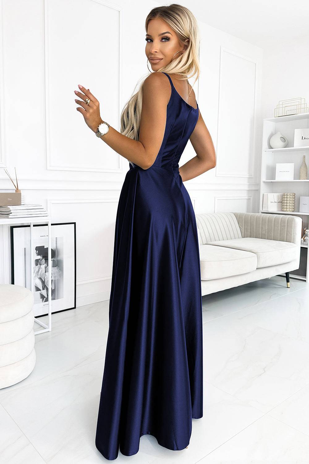 Numoco 299-12 CHIARA elegant satin maxi dress with straps - navy blue