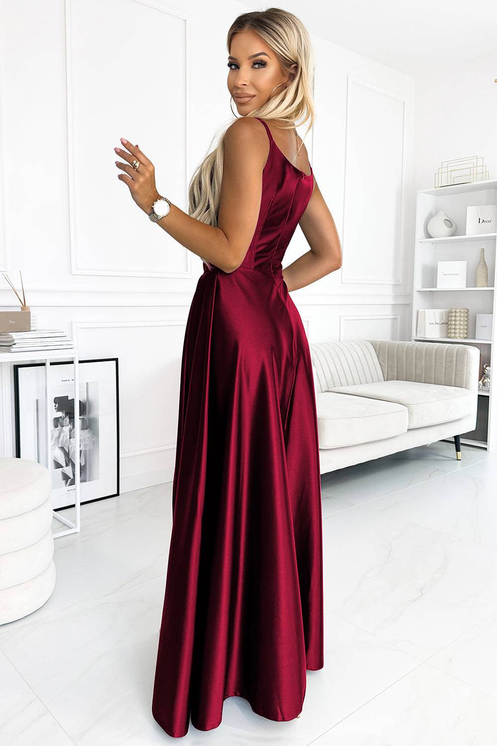 Numoco 299-13 CHIARA elegant satin maxi dress with straps - Burgundy color