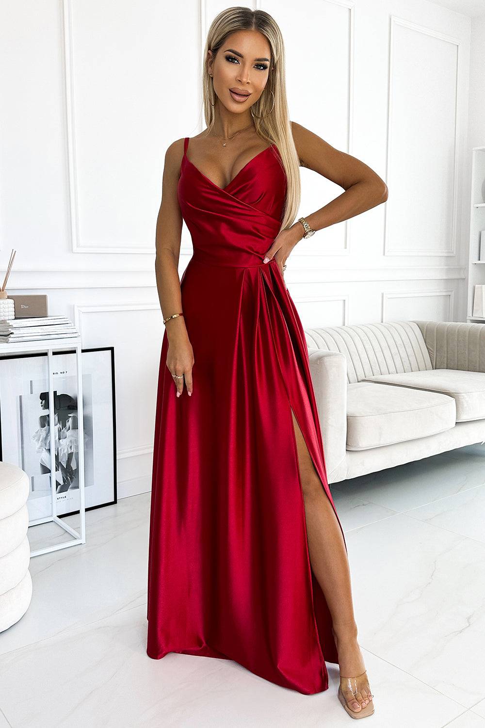 Numoco 299-14 CHIARA elegant satin maxi dress with straps - red color