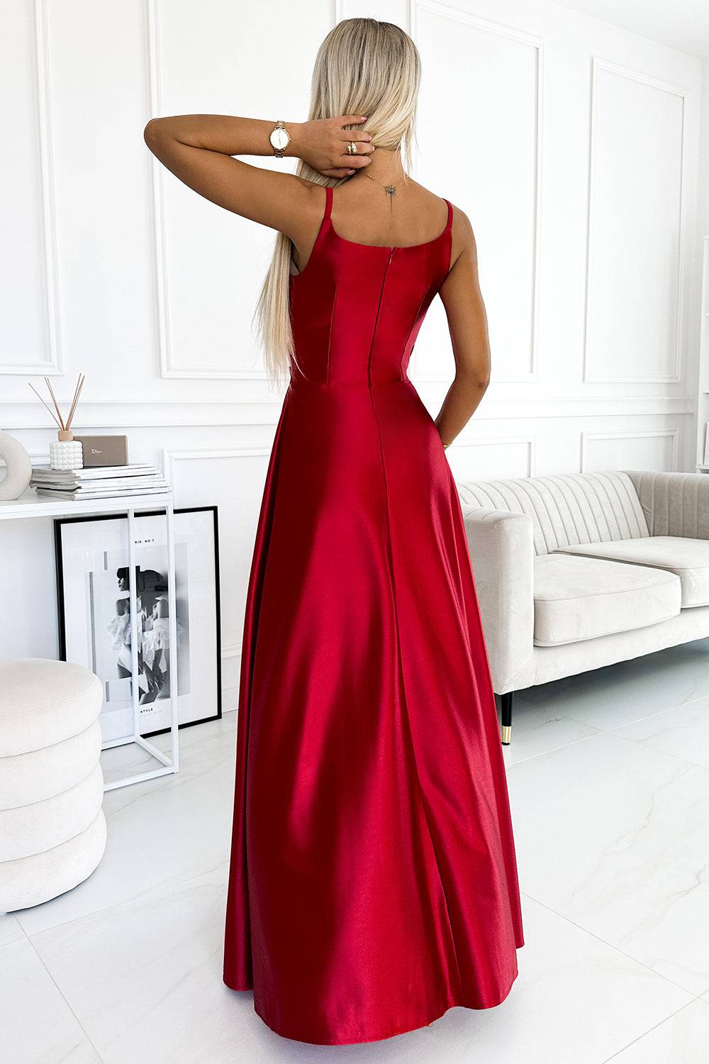 Numoco 299-14 CHIARA elegant satin maxi dress with straps - red color