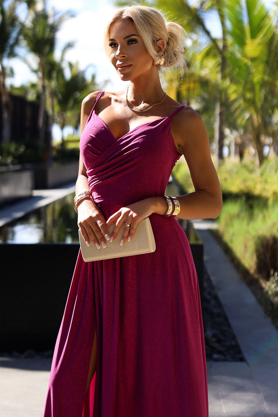 Numoco 299-19 CHIARA elegant long maxi dress with straps - fuchsia with glitter-0