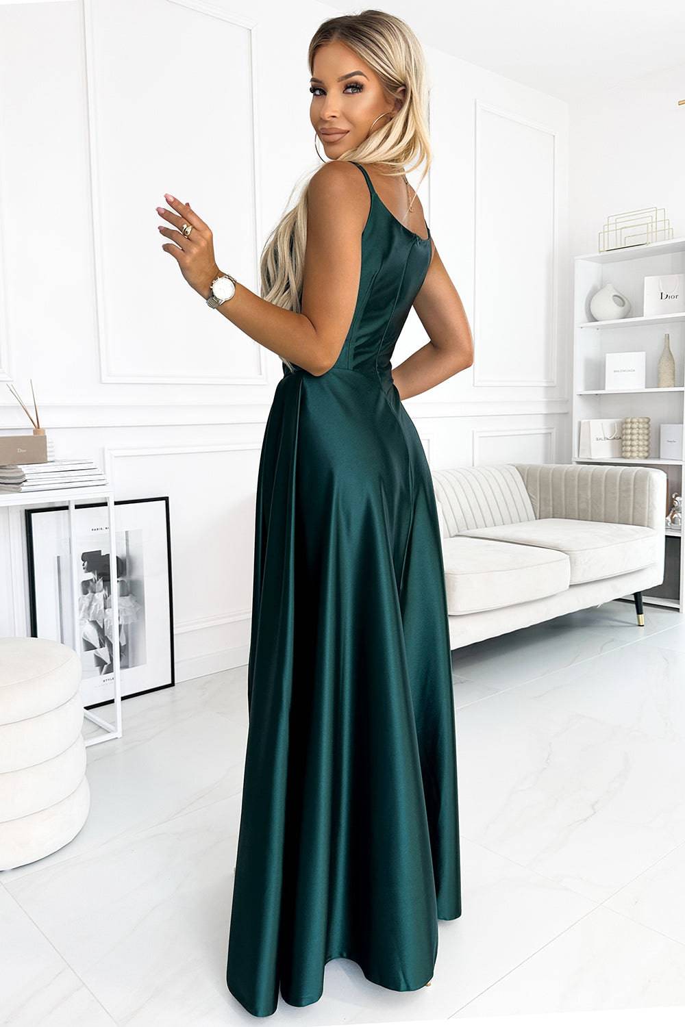 Numoco 299-9 CHIARA elegant satin maxi dress with straps - green-Shangri-La Fashion