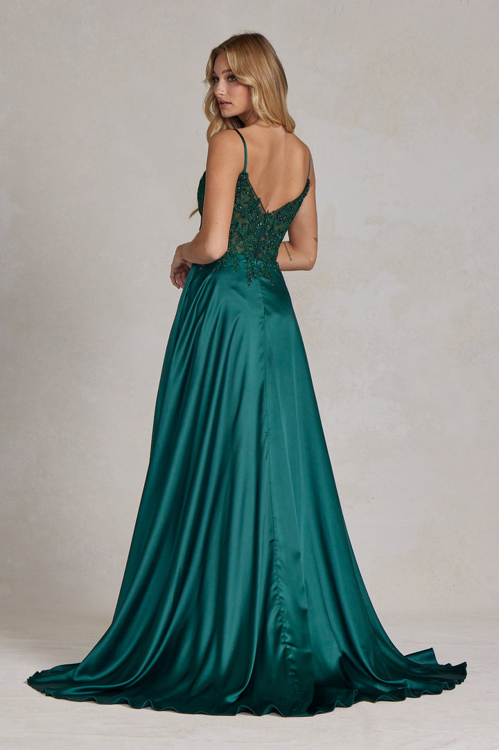 Embroidered Lace Bodice Open V-Back Satin Skirt Long Prom Dress NXK1121-1