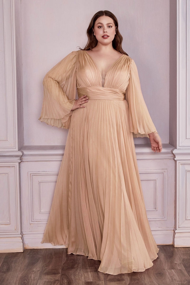 Long Sleeve Illusion V-neck Plus Size Chiffon Pleated A-line Long Prom Dress CDCD242C-3